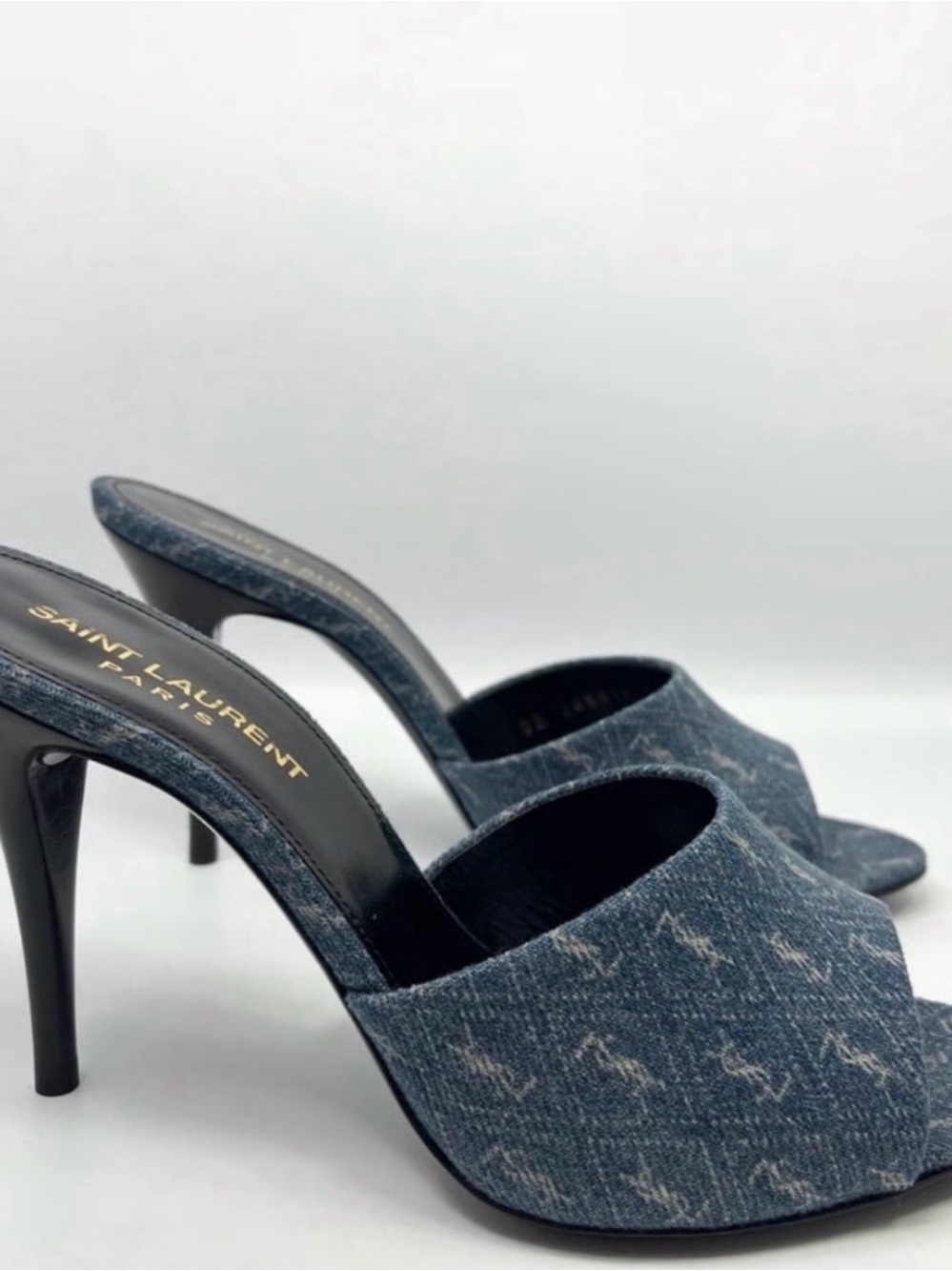 Saint Laurent denim open toe mules heels